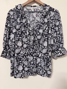 Paneros black floral blouse ruffle M